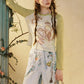 Women's Vintage Raglan Long Sleeve Knitwear with Floral Print, Contrast Trim Tee, Chic Slim Fit Casual Top