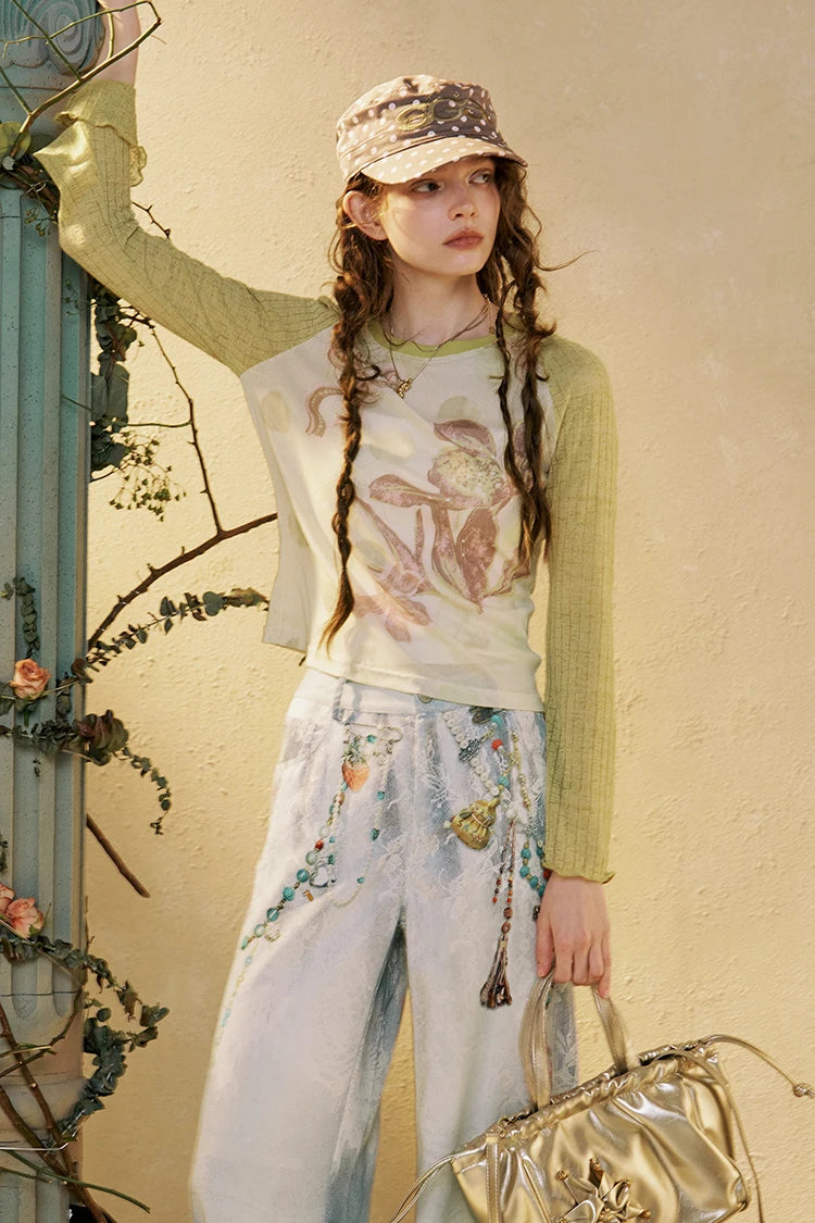Women's Vintage Raglan Long Sleeve Knitwear with Floral Print, Contrast Trim Tee, Chic Slim Fit Casual Top