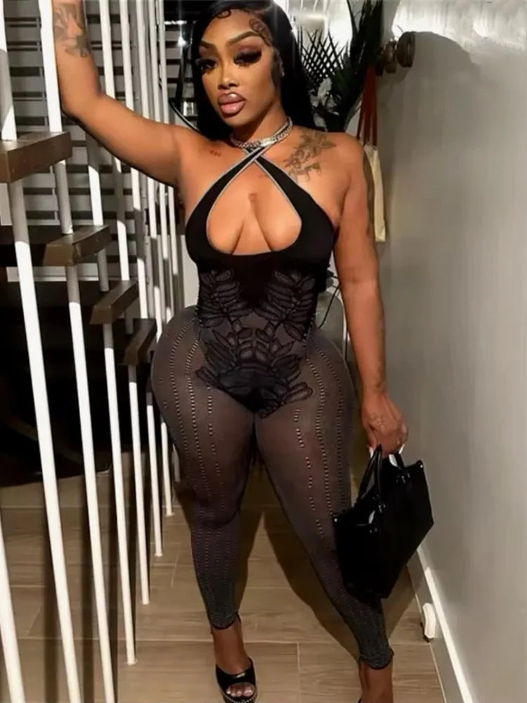 See Through Jumpsuits Woman Summer Long Sleeve Sheath Comfort Print Hipster Thin Trend Party Clubwear Sexy Overalls