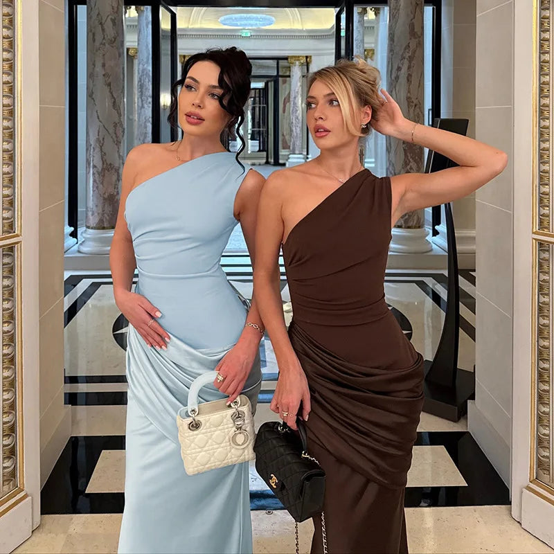 One Shoulder Pleated Satin Patchwork Fishtail Maxi Dresses Sexy Elegant Party Wedding Guest Dress Women