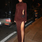 Turtleneck Long Sleeve Sexy Maxi Dress For Women Fashion Solid Hollow Out Thigh High Split Bodycon Elegant Club Dress