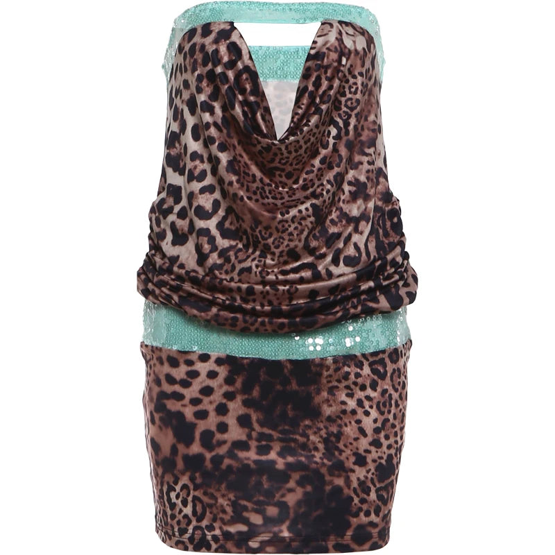 Sequins Patchwork Mini Dress Woman Leopard Print Wrap Chest Backless Skinny Peach Hip Street Wild Fashion Bodycon