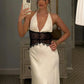 Summer Backless Sexy Maxi Dress Women Gown Patchwork Lace Halter Deep V Neck Sleeveless High Waist Elegant Long Dress