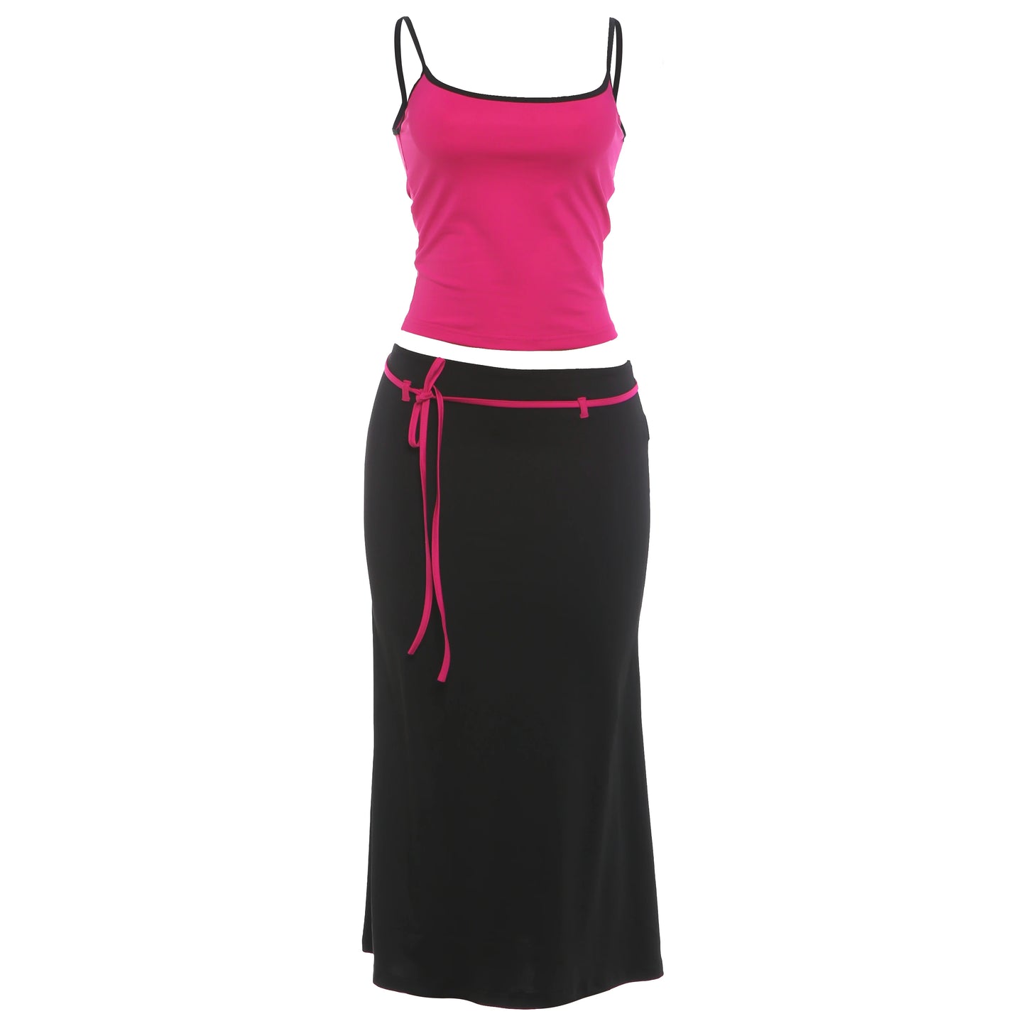 Ribbon Decoration Long Skirt+Low-Neck Backless Shape Waist Camisole 2 Piece Set Woman Summer Classic Elegant Style Suits