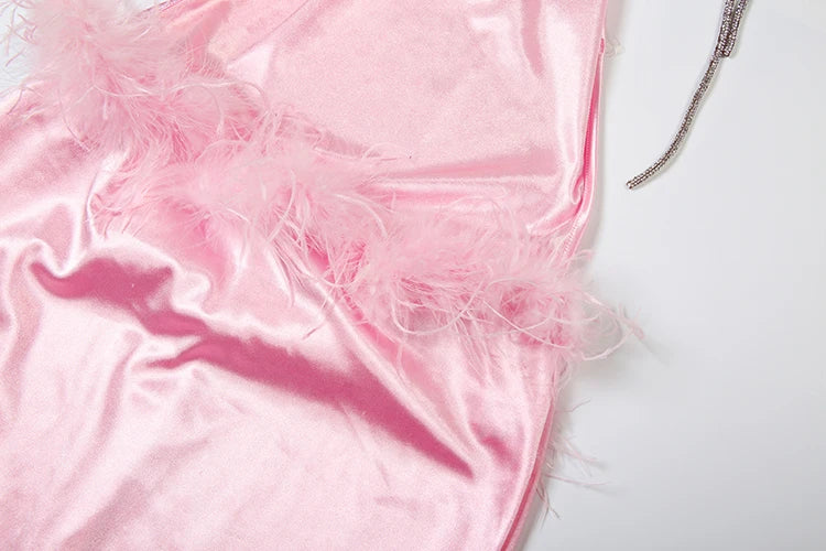 Satin Feather Waist Dress Women Y2K Sexy Sleeveless Backless Tassel Rhinestones Split Banquet Party Clubwear Vestidos