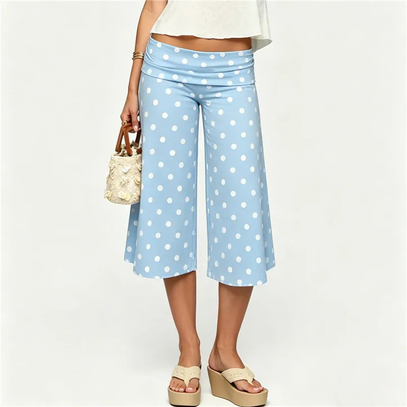 Fold Over High Waist Polka Dot Wide Leg Culottes Women Casual Loose Cropped Pants Elastic Waist Summer Beach Trousers