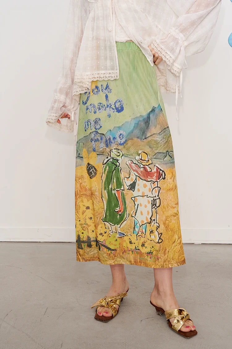 2025 Summer New Arrival Light Multi-color Oil Painting Style Graphic Maxi Skirt For Woman