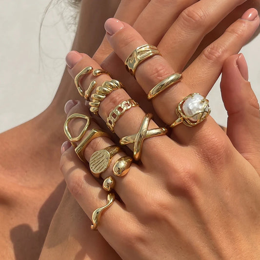 12Pcs/Set Creative Water Drop Wave Open Rings Women Trend 2025 Vintage Geometric Adjustable Finger Ring Daily Jewelry