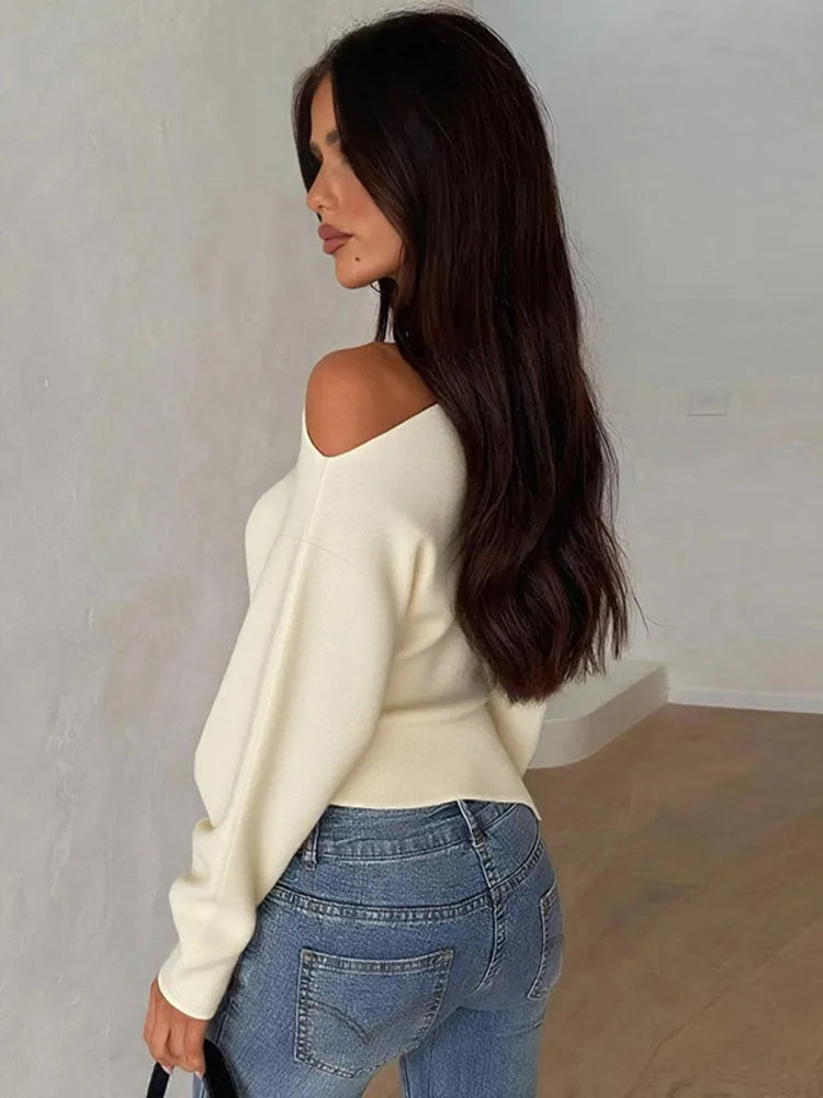 Inclined Shoulder Long Sleeve Sexy T-shirt Women Autumn Fashion Solid Skew Collar Backless Ruched Club Party T-shirts