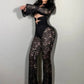 See Through Jumpsuits Woman Metal Rings Patchwork Hollow Design Sexy Full Sleeve Midnight Club Party Wild Style Overalls