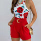 Summer Round Neck Sexy Tank Top and Tropical Print Shorts Set With Belt Two Piece Suit Sleeveless Tops Party Wear Sets