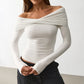 French Coquette Off Shoulder Twist Top For Women Long Sleeve Slim Ruched Basic Tee Casual Daily Going Out Blouse Top