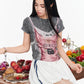 Fake Two-Piece Crop Top, Retro FERAL 66 Print Lace Bow Tee, Slim Short Sleeve T-shirt for Women