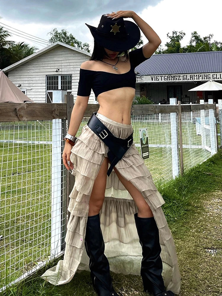 Y2K Tierred Skirts Women Split Patchwork Skinny Hottie Sexy Midnight Music Festival Street Trend Chic Long Bottoms