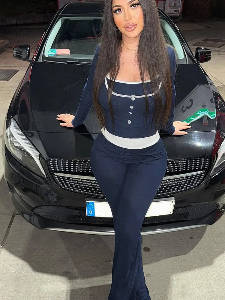 Casual 3 Piece Set Women Tracksuit Patchwork Crop Top+Camisole+Flare Pant Matching Activity Stretch Street Outfits