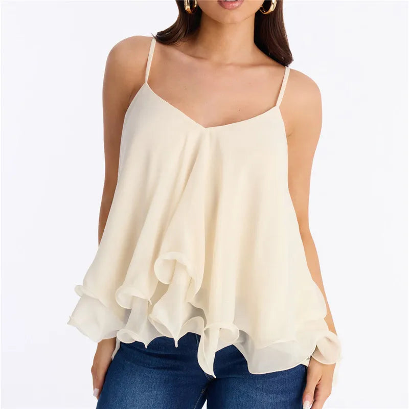 Y2K Fairy Women Chiffon Cami Blouse V Neck Spaghetti Straps Back Bow Tie Ruffle Layered Hem Loose Flowy Party Vest Top