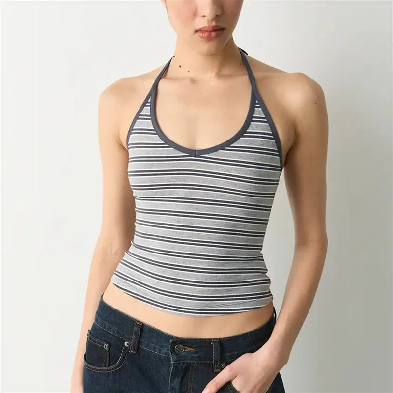 Halter Neck Tank Tops for Women Y2K Striped Scoop Neck Slim Fit Sleeveless Cami Tops Trendy Summer Casual Going Out Vest