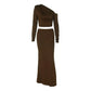 Brown Two Piece Set One Shoulder Long Sleeve Top and Maxi Skirt Sexy Classy Outfit Woman Fall Fashion