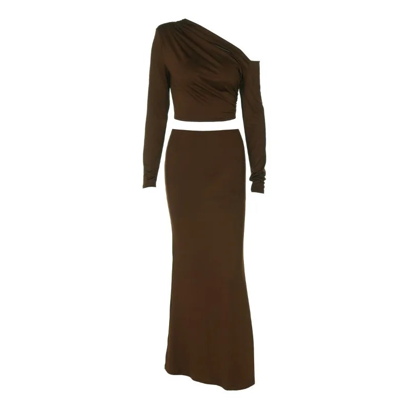 Brown Two Piece Set One Shoulder Long Sleeve Top and Maxi Skirt Sexy Classy Outfit Woman Fall Fashion
