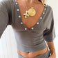 Double Front Back Deep V Button Detail Cropped Top Half Sleeve Ruched Waist Slim Fit Stretch Y2K Going Out Crop Blouse