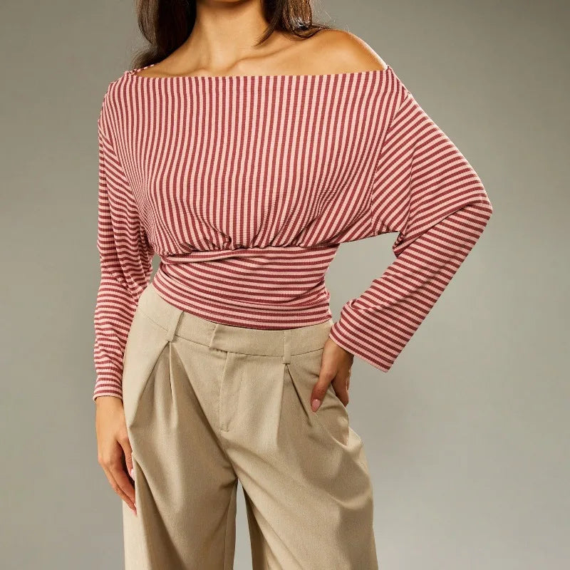 Off Shoulder Striped Fitted Long Sleeve Top with Ruched Waist Fall Woman's Clothes Casual T Shirts