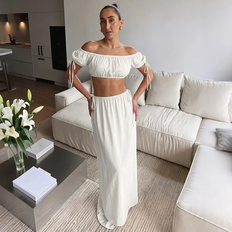 Womens Matching Sets White Off The Shoulder Puff Sleeve Crop Top and Matching Side-tie Skirt Co-ord Set