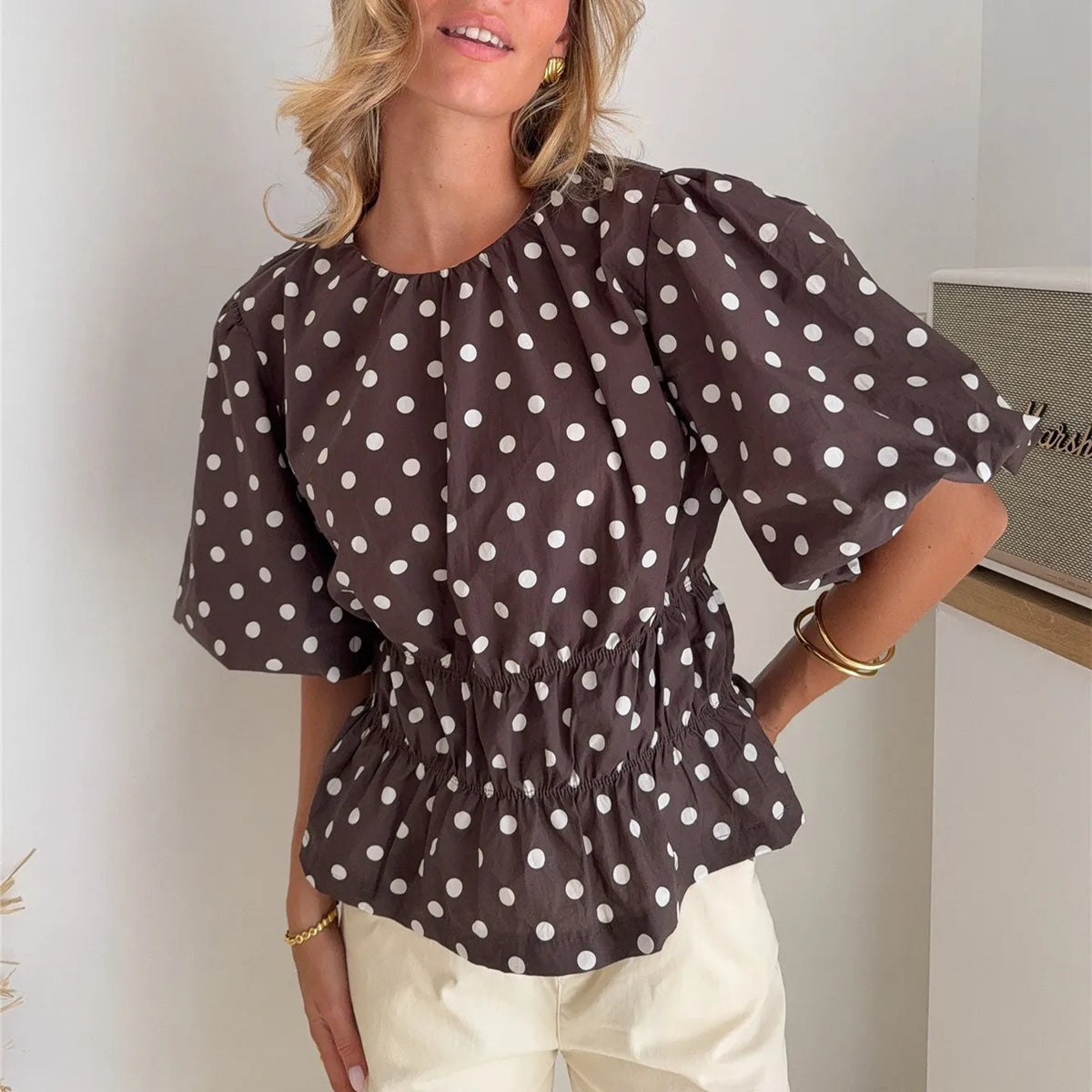 Women's Puff Sleeve T Shirt Tops Summer Fashion Dots Print Round Neck Cinched Waist Blouse for Casual Daily Wear