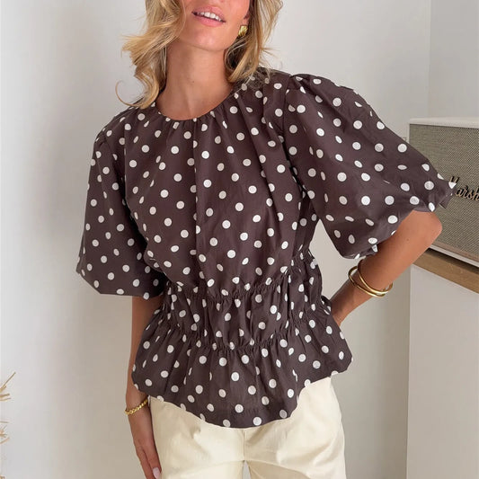 Women's Puff Sleeve T Shirt Tops Summer Fashion Dots Print Round Neck Cinched Waist Blouse for Casual Daily Wear