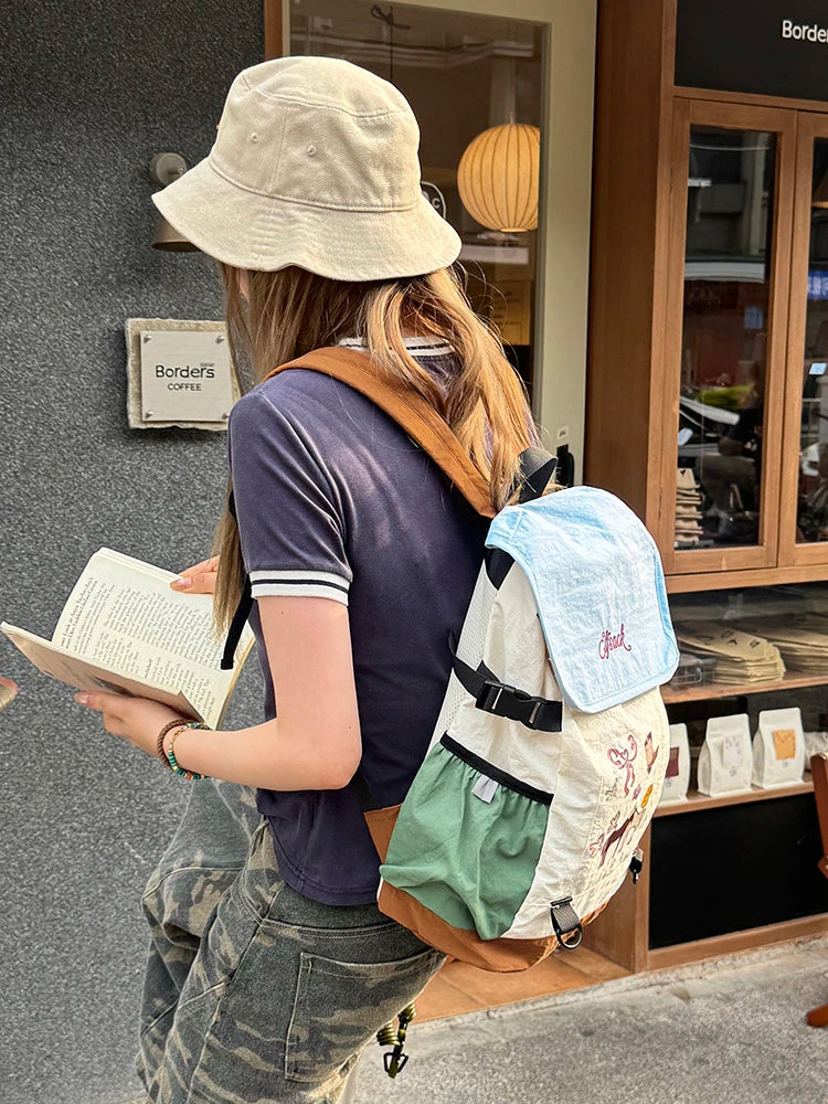 Color‑Block Lightweight Drawstring Backpack with Cartoon Animal Print, Casual Daypack for Outdoor Travel