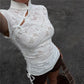 Summer Floral Lace Cheongsam Top Mandarin Stand Collar Cutout Frog Buttons Side Tie Ruched Slim Cropped Oriental Blouse