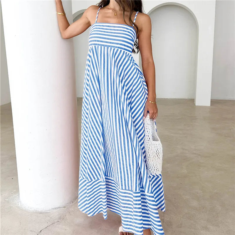 Striped Polka Dot Spaghetti Strap Maxi Dress for Women Square Neck Empire Waist Flowy A Line Dress with Shirred Back