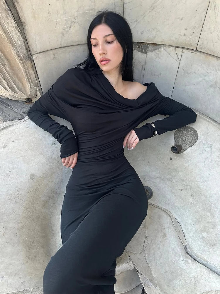 Classic Chic Hooded Dress Women Fall Elegant Basic Swing Collar Full Sleeve Stretch Skinny Slits Party Streetwear