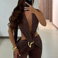 Sexy Waistless Jumpsuit Women Ruched Metal Cross Hollow Bandage Coquette Midnight Workout Hipster Stretch Overalls