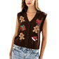 Women Xmas Sleeveless Knit Sweater Vest V Neck Button Down Cropped Waistcoat Sequin Patch Holiday Party Knit Gilet