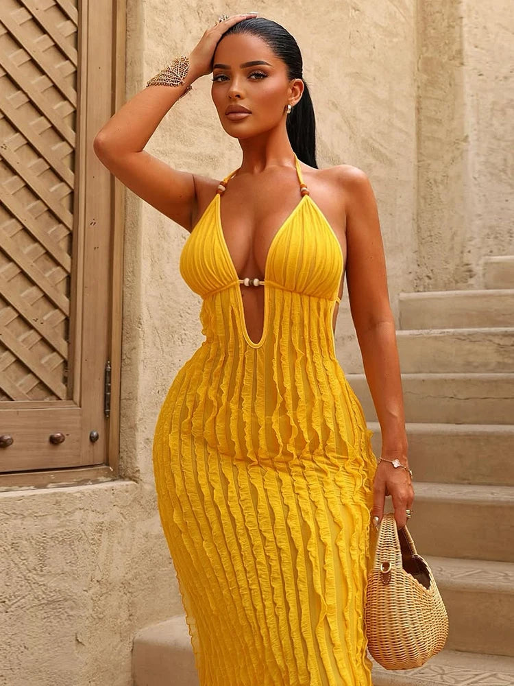 Ruched Elegant Maxi Dress Women Beads Lace-Up Halter Low-Neck Backless Vacation Street Fashion Solid Skinny Vestidos