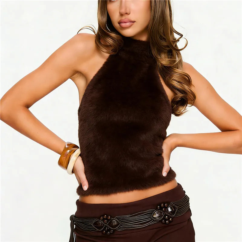 Women's Turtleneck Faux Fur Tank Tops Summer Fashion Sleeveless Backless Tops Fluffy Fuzzy Knit Vest Y2K Streetwear