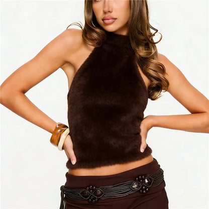 Women's Turtleneck Faux Fur Tank Tops Summer Fashion Sleeveless Backless Tops Fluffy Fuzzy Knit Vest Y2K Streetwear