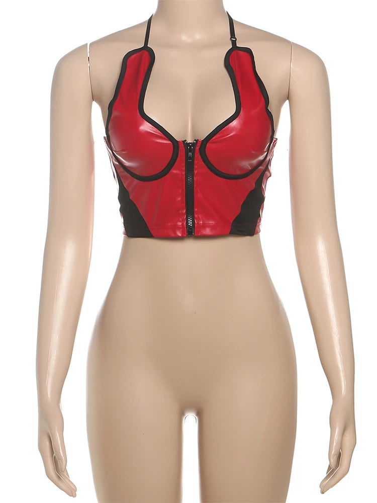 Sexy Faux Leather Camisole Women Y2K Hipster Zip Backless Sleeveless Wild Streetwear Basic Beach Vacation Trend Vest