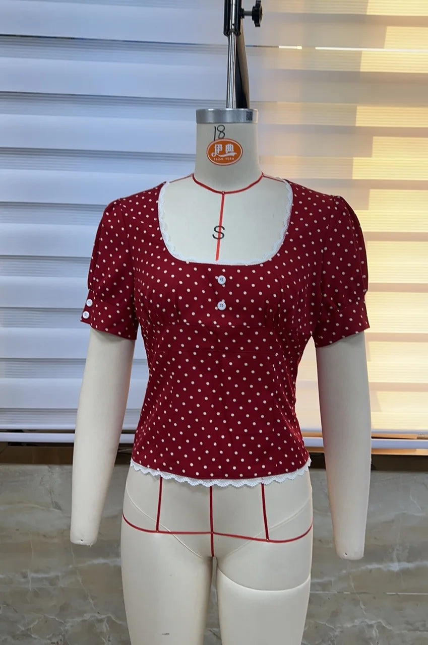 Women Short Sleeve Shirts Dot Print Lace Trim Buttons Scoop Neck Blouses Summer Slim Fit Casual Tops Streetwear
