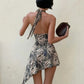 Fashion Animal Print Halter Mini Dress with Asymmetric Hem Sexy Backless Summer Dresses for Woman Club Wear