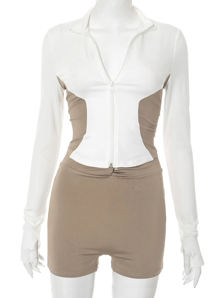 Contrast Patchwork 2 Piece Set Women Zipper Cardigan Full Sleeve Jacket+Kink Shorts Daily Casual Simple Sporty Suit
