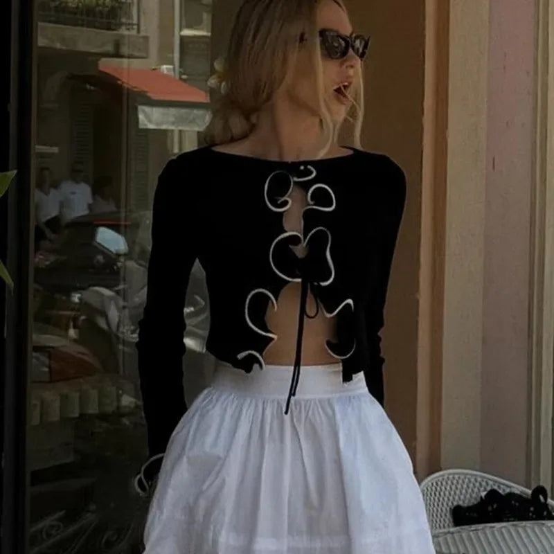Ruffled Knit Sweater Cardigan Female Lace-Up Patchwork Long Sleeve Cropped Top Coat Streetwear Autumn Women Knitwear Top