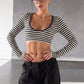 Stripes Print Crop Tops Woman Autumn Trend Low-Neck Full Sleeve Skinny Stretch High Street Versatile Style T-Shirts
