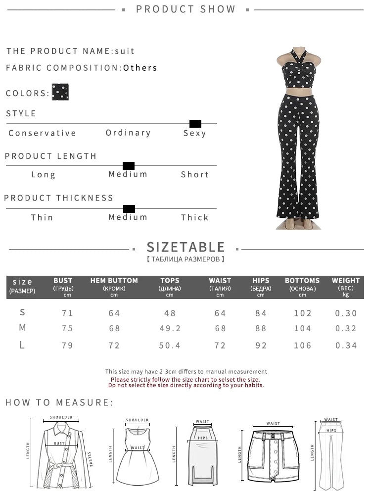 Sexy Fashion 2 Piece Set Woman Polka Dot Print Halter Backless Tank Tops+Elastic Waist Pants High Street Style Suits