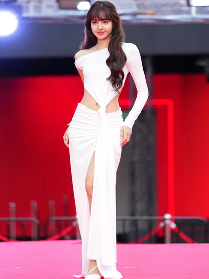 Elegant 2-Piece Set Women One-Sided Sleeve Skew Collar Irregular Folds t-Shirt+High Slit Long Skirt Autumn Suits
