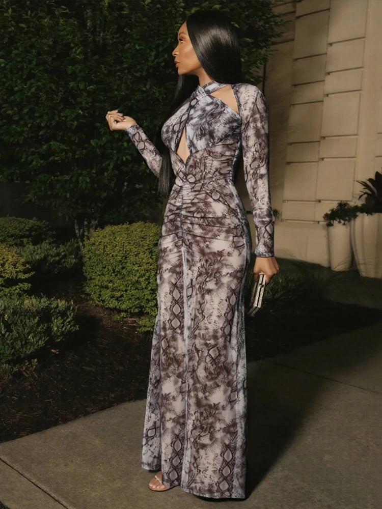 See Through Cross Knot Dress Women Coquette Hollow Serpentine Full Sleeve Split Ruched Off Shoulder Midnight Bodycon