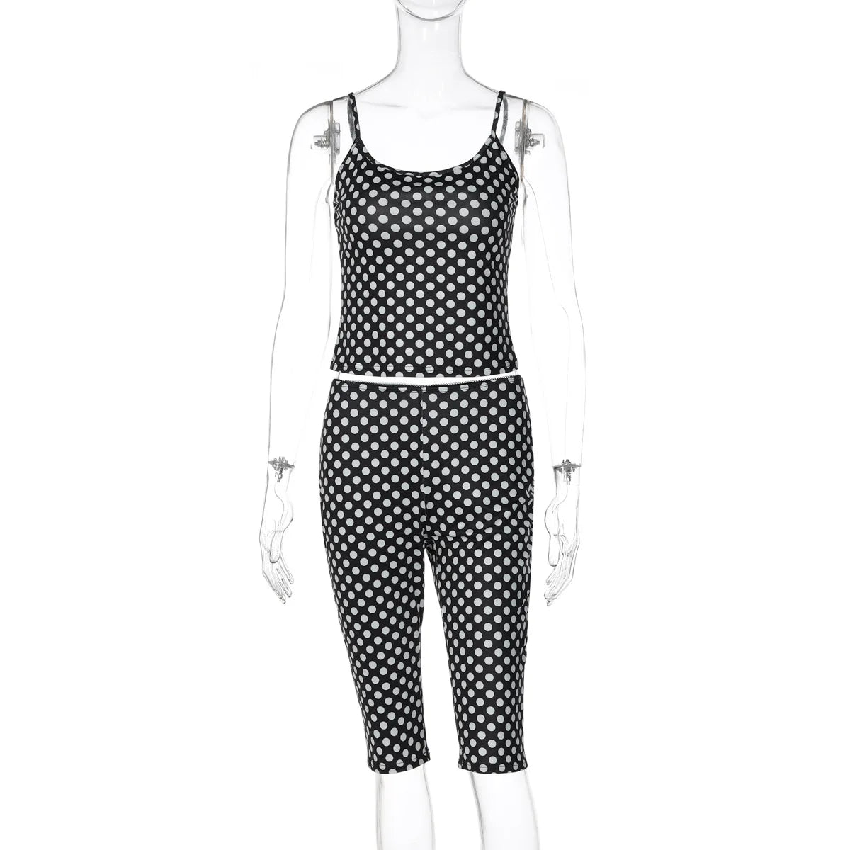 Y2K Women Polka Dot Two Piece Set Spaghetti Cami Crop Top and Slim Capri Pants Streetwear Outfit Casual Daily Vacation