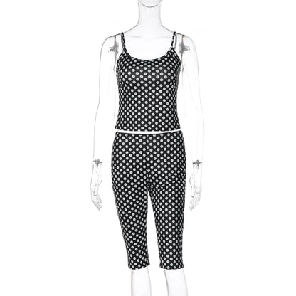 Y2K Women Polka Dot Two Piece Set Spaghetti Cami Crop Top and Slim Capri Pants Streetwear Outfit Casual Daily Vacation
