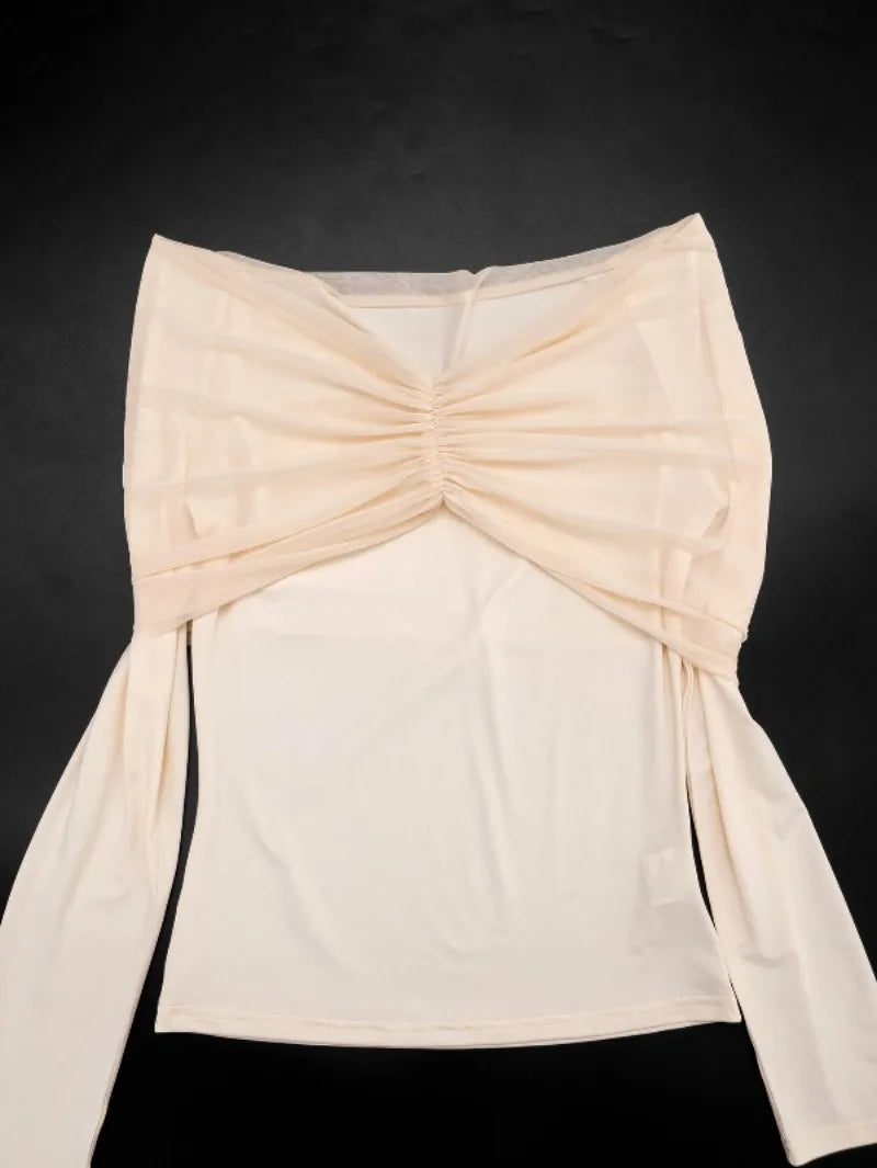 Off The Shoulder Long Sleeve Top with Sheer Mesh Ruched Overlay Elegant Fall T Shirts Woman Clothing