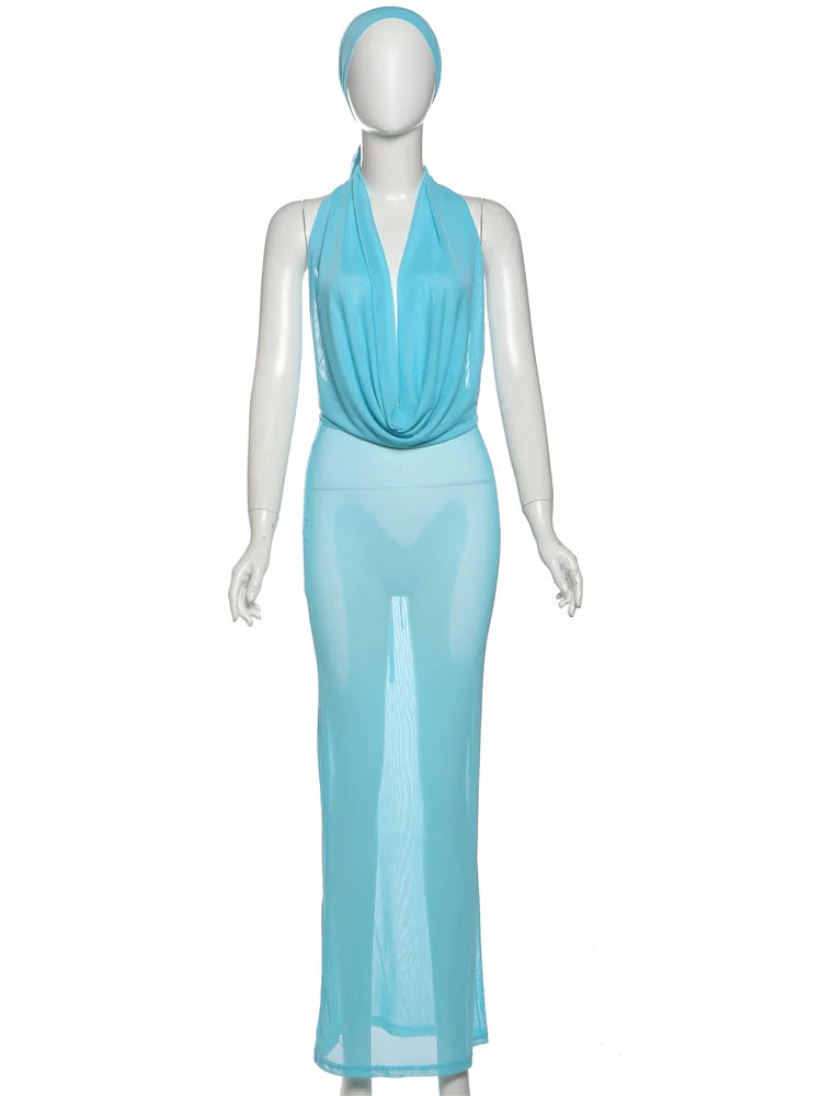 Coquette 3 Piece Set Women Sexy Headscarf+Swing Collar Tank Tops+Maxi Skirts Matching Clubwear Midnight Vacation Suit